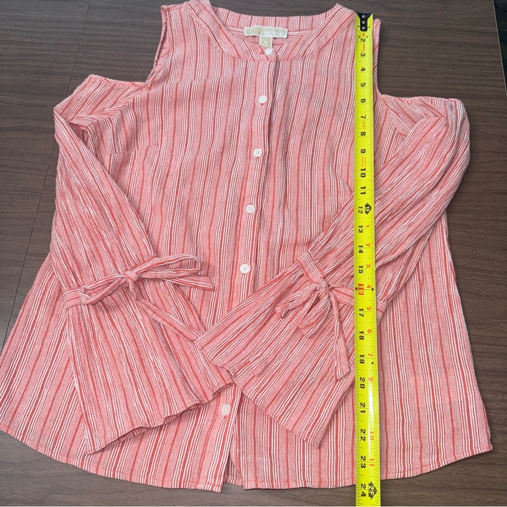 Michael Kors‎ Button Blouse Womens Med Orange White Stripped Cold Shoulder Shirt - Picture 10 of 13